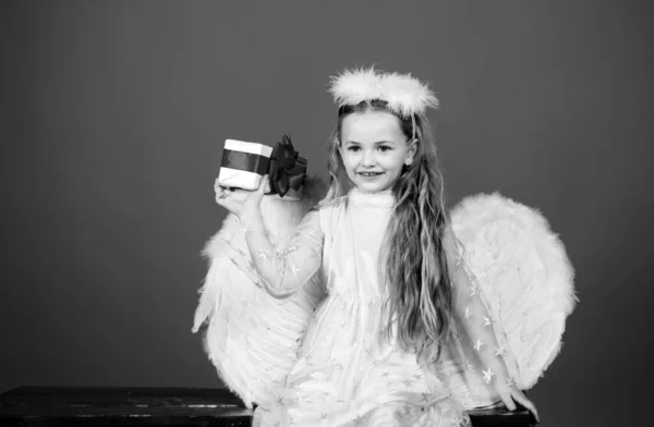 Jonge Engel Met Cadeau Studioportret Kleine Engel Met Witte Vleugels — Stockfoto