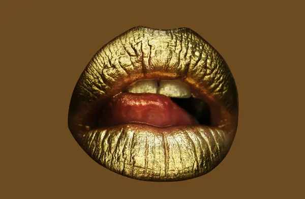 Gouden Lippenstift Close Lippen Met Metalen Make Sexy Lippen Metallic — Stockfoto