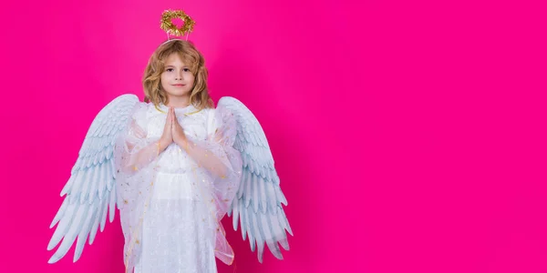 Oração Dos Anjos Criança Traje Anjo Com Mãos Oração Esperança — Fotografia de Stock