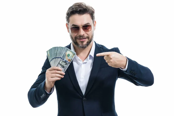 Udany Biznesmen Liczący Pieniądze Przystojny Mężczyzna Średnim Wieku Trzymający 100 — Zdjęcie stockowe