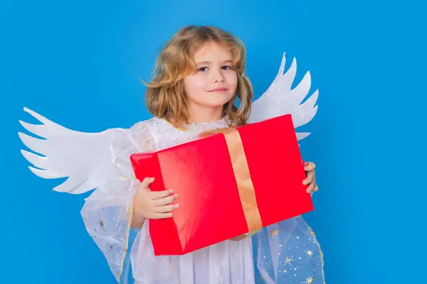 Kid Boy Angel Gift Box Present Valentines Day Blonde Cute — Stock Photo, Image