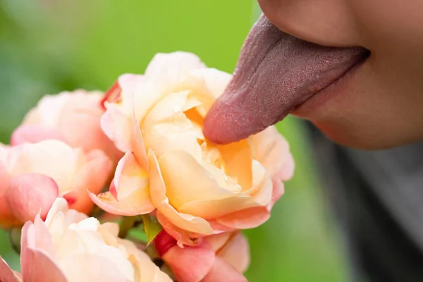 Zmysłowa Orchidea Lizania Języka Seksowne Kobiece Usta Wystającym Językiem Piękne — Zdjęcie stockowe