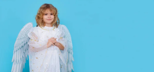 バレンタインデー 翼のある小さなカップルの天使の子供 天使の子供のスタジオの肖像画 ワイドバナー パノラマヘッダー コピースペース — ストック写真
