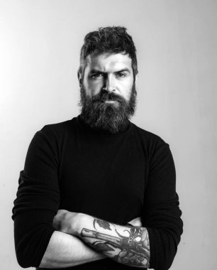 Gri stüdyodaki sakallı yakışıklı adamın portresi.