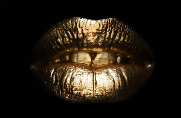 stock image Beautiful lipped woman gold mouth. Sensual golden lips, sexy lip. Golden gloss lipstick