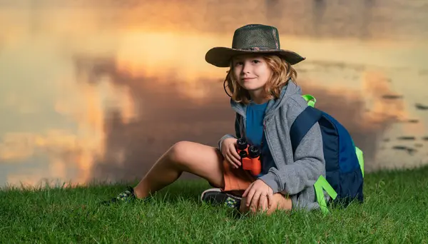 Cute Blond Kid Binoculars Wearing Explorer Hat Backpack Nature Child — Stock Photo, Image
