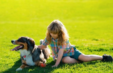 Parkta evcil köpeği olan küçük bir çocuk. Yavru köpeği olan çocuk.