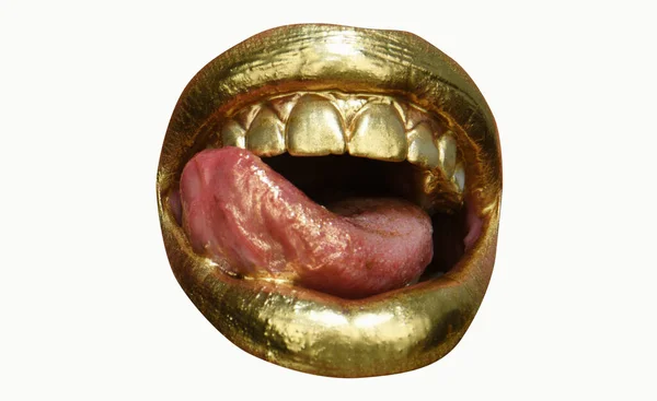 Sexy Tongue Sensual Lick Golden Make Colorful Sexy Lips Golden — Stock Photo, Image