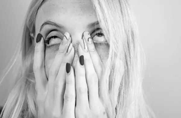 Woman Closes Her Face Hand Close Face Face Palm Worried —  Fotos de Stock