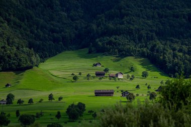 Alpler dağlarda yuvalarıdır. Dağ yeşili Alp Dağları eski ahşap evleri olan manzara. Seyahat ve yürüyüş konsepti. Eski binalarla, yüksek kayalarla dolu bir manzara. Alplerdeki Dağlar