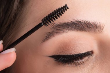 Closeup eyebrows with eyebrow brush. Close up brows, eyebrows lamination. Brow procedures. Long eyelashes, eyebrows, macro