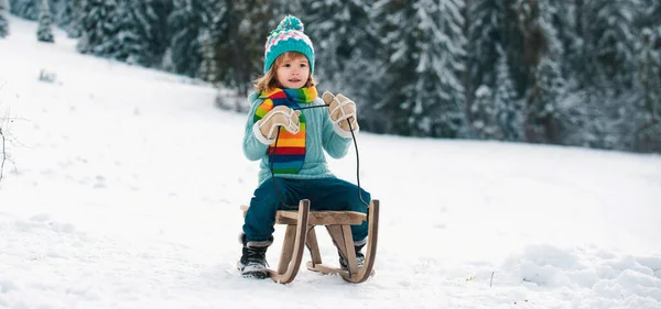 Boy Sledding Enjoying Sleigh Ride Winter Vacation Child Sledding Winter — Stock Photo, Image