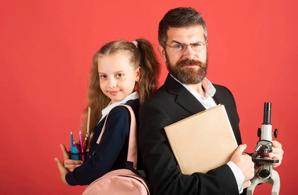 Elementary Pupil Serious Teacher Red Studio Isolated Portrait Funny School — Stock Photo, Image