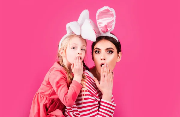 Surprised easter family. Sister girl bunny ears funny little mother kids celebrate. Egg hunt traditional spring holiday