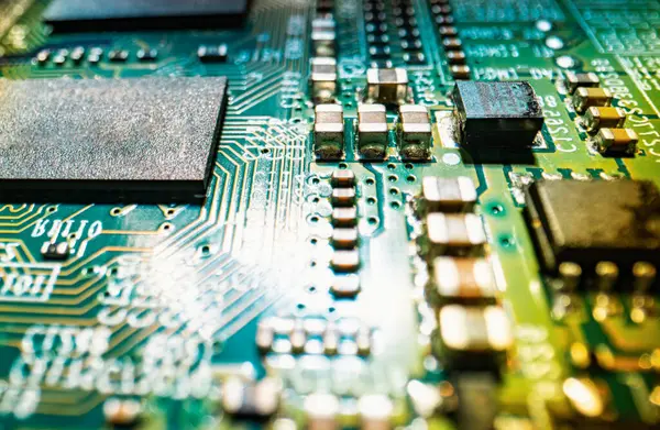 Circuit Board Technological Electronic Plate Roads Other Components Selective Focus — Stock Photo, Image
