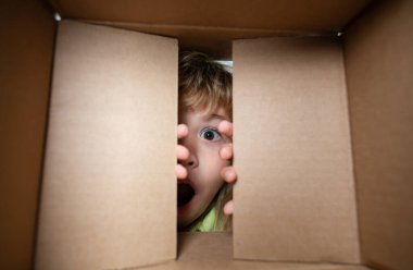 Çocuk bir kutu açıyor ve içine bakıyor, paketleri açıyor, sürpriz bir şekilde boks yapıyor. Kutusu açık çocuk