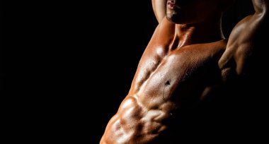 Protein takviyesi. Eylemler için kaslar. Gövde ve altı paket, çekici çıplak erkek vücudu. Gövde kasları kocamandı. Gövde kasları yakın. Seksi kaslı, yakışıklı, üstsüz erkek model.