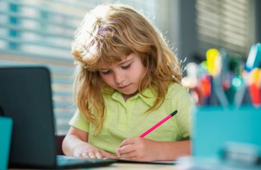 Okullu çocuk evdeki dizüstü bilgisayar dersinde deftere not alıyor. Ev ödevi yapan sevimli çocuk. Çocuk öğrenme