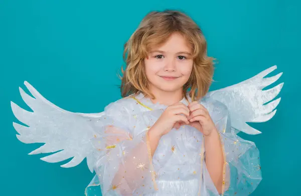 Kluk Bílých Šatech Křídlech Peří Nevinné Dítě Malý Anděl Izolovaném — Stock fotografie