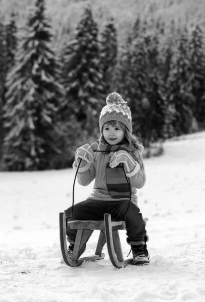 Child Boy Sledding Winter Kid Riding Snow Slides Winter Wonderful — Stock Photo, Image