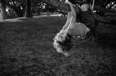 Küçük mutlu çocuk bir bahçede yaz gününün tadını çıkarıyor. Ağaca tırmanan sevimli bir çocuk.