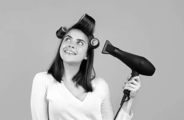 Smiling Woman Hair Dryer Rollers Woman Hair Dryer Beautiful Girl — Stock Photo, Image
