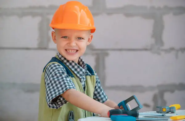 Child Building Helmet Hard Hat Repair Home Child Dressed Workman — Stock Photo, Image