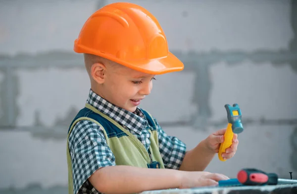 Kid Hard Hat Holding Hammer Little Child Helping Toy Tools — Stock Photo, Image