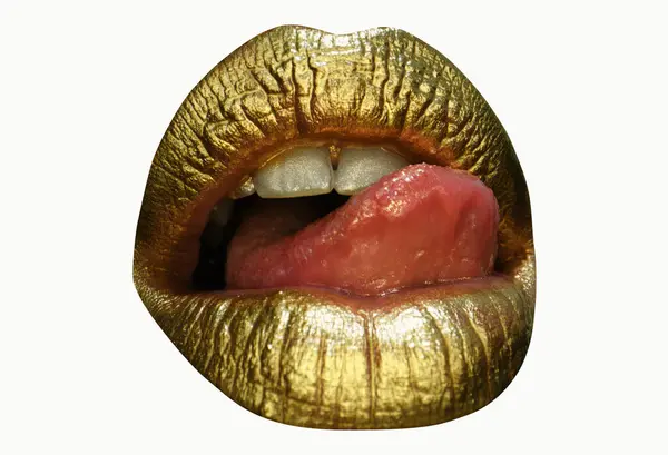 Närbild Kvinnliga Fylliga Läppar Med Guld Färg Makeup Gyllene Glitter — Stockfoto