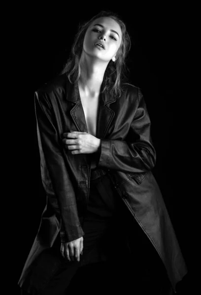 Sensual Girl Black Leather Jacket Clothing Style Fashion — Stock Photo, Image