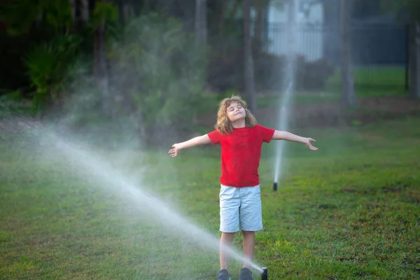 Garden watering systems. Child play with watering sprinkler system in backyard. Little kid playing with garden watering hose in backyard. Child having fun with spray of water. Watering grass