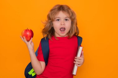 Öğrenci, inek öğrenci. Stüdyonun sarı arka planında izole edilmiş bir öğrenci. Okula dönelim. İlkokuldan elinde kitapla komik bir çocuk. Eğitim