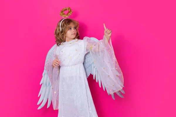 Child Angel Pointing Finger Point Gesture Kid Wearing Angel Costume — Stock Photo, Image