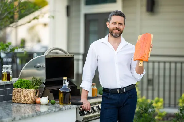 Handsome Man Preparing Barbecue Grill Outdoor Male Chef Cooking Tasty — Stock Photo, Image