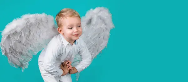 情人节的横幅与天使般的孩子 儿童天使 可爱的小男孩 金发碧眼 头戴白色羽毛的天使翅膀 蓝色背景 — 图库照片