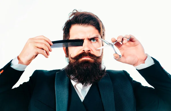 Bearded Barber Man Barbershop Scissors Straight Razor Vintage Style Beard — Stock Photo, Image