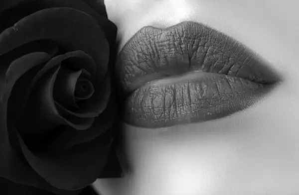 年轻女子嘴的特写 美丽的女人嘴唇和玫瑰 — 图库照片