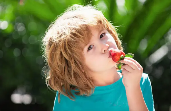有机营养 可爱快乐的孩子在绿色的夏天背景下吃草莓 这个学童正在吃健康的食物 快乐童年的概念 合上孩子们开心的脸 — 图库照片