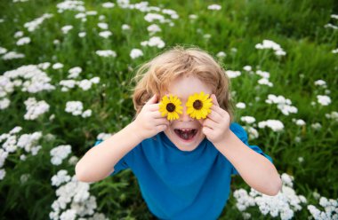 Komik Çocuk ve Papatyalar. Çiçekli, mutlu, sarı saçlı çocuk. Gözleri papatya çiçeğiyle çimlerin üzerinde uzanıyor. Papatya gözlü çocuk, yeşil çimlerin üzerinde yaz parkında