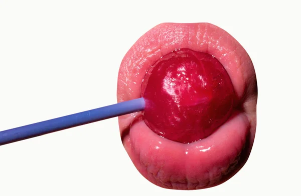 Sexy Red Lips Candy Print Red Sweet Lollipop Mouth Art — Stock Photo, Image