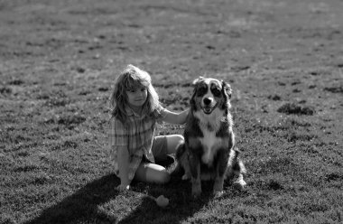 Parkta evcil köpeğiyle gezen küçük sarışın çocuk. Yavru köpeği olan sevimli bir çocuk, açık hava yazı. Doğada yeşil çimlerde oynayan köpeği olan bir çocuk.