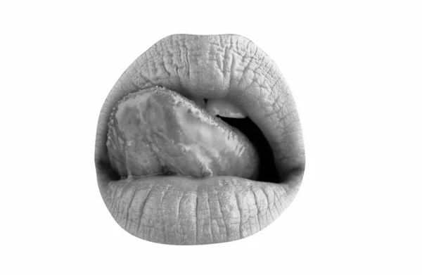 Şehvetli Yalama Makro Dil Dudakları Yalar Kadın Ağzını Kapat Ağız — Stok fotoğraf