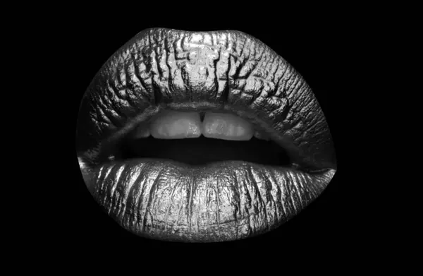 Zmysłowe Formy Kobiecych Ust Luksusowy Złoty Makijaż Ust Złote Usta — Zdjęcie stockowe