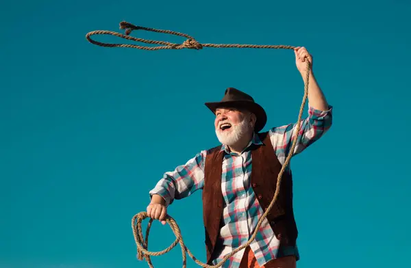 Old Wild West Cowboy Rope Bearded Western Man Throwing Lasso — Stock Photo, Image