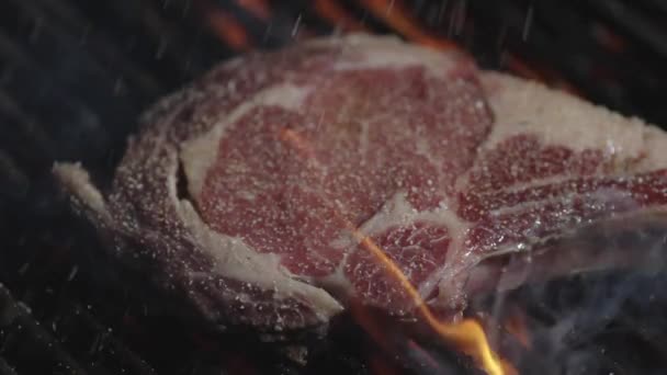 有火焰的烤肉 牛肉牛排用火烤着 肉蒸煮在燃烧的烤架上 火中的肉在烧烤时被烤焦了 牛排放在烤架上 在烤肉上烤着生火的肉 — 图库视频影像