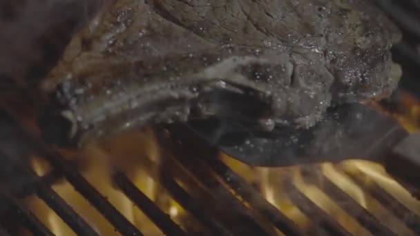 Grillowane Mięso Ogniem Jedzenie Kuchnia Stek Mięsny Gotujący Się Płonącym — Wideo stockowe