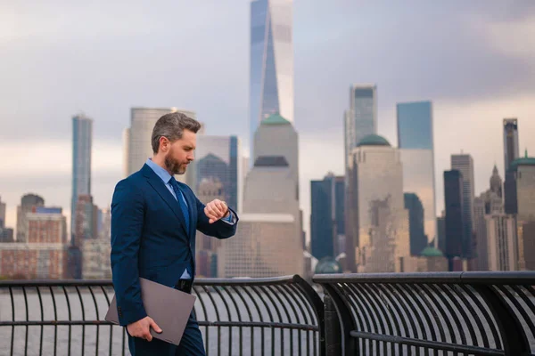 Businessman Suit Holding Laptop Urban Street Nyc Successful Business Man — Stock Photo, Image