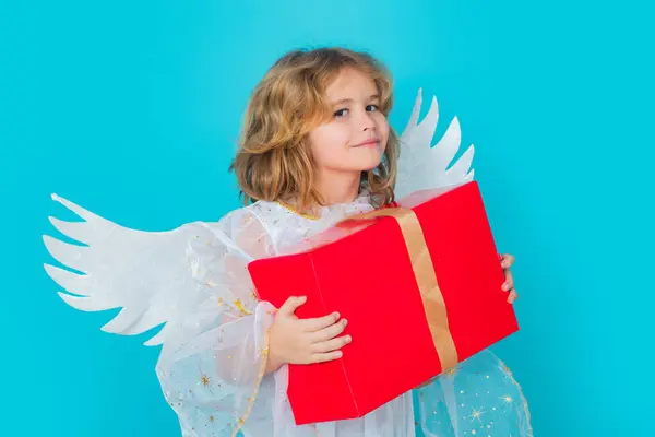 Παιδί Άγγελος Δώρο Κουτί Δώρου Ημέρα Του Αγίου Βαλεντίνου Μικρό — Φωτογραφία Αρχείου