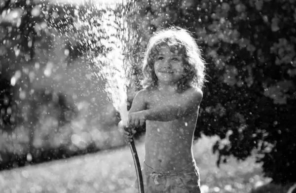 Kid having fun in domestic garden. Child hold watering garden hose. Active outdoors games for kids in the backyard during harvest time