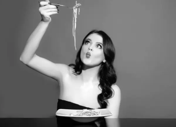 Girl Eats Italian Pasta Tomato Sauce Woman Spaghetti Bolognese Wind — Stock Photo, Image